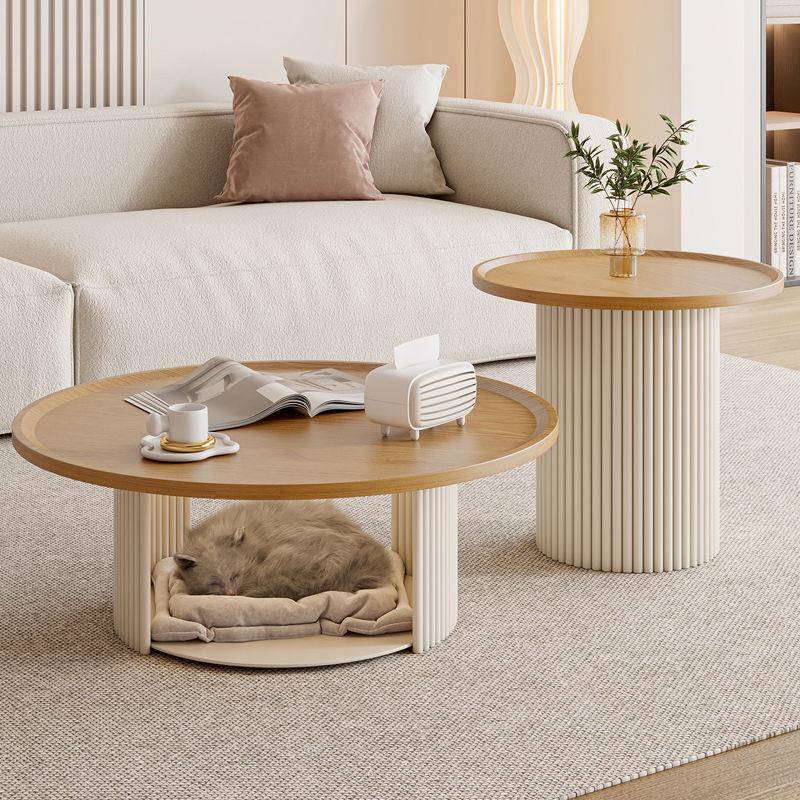 中古风原木茶几奶油现代简约小户型茶几组合猫窝储藏岩板茶几组合