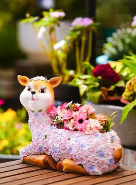 户外花园庭院花盆摆件梅花鹿花盆幼儿园阳台树脂雕塑多肉盆栽装饰