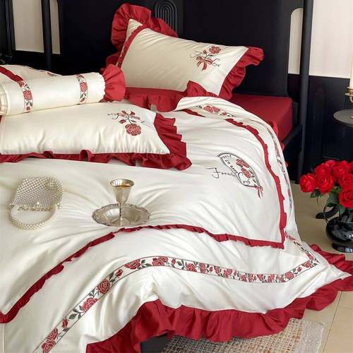 浪漫红色玫瑰刺绣长绒棉纯棉四件套结婚喜庆被套床单婚嫁床上用品