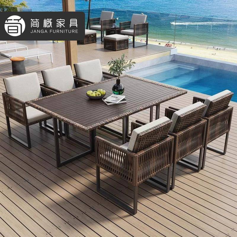 别墅庭院露台桌椅防水防晒藤编长桌酒店民宿露天餐桌藤椅三件套