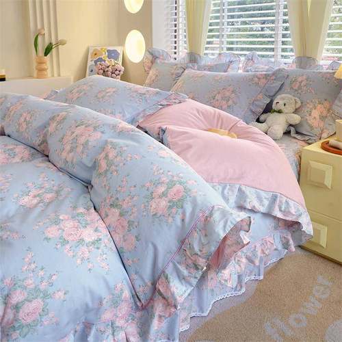 韩式公主风全棉床裙四季通用纯棉碎花被套床单床笠学生三件套1.8m