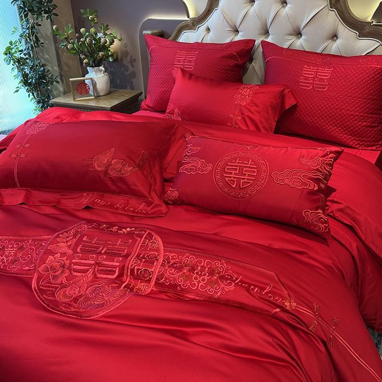 140支匹马棉刺绣四件套全棉大红色婚庆龙凤被套新婚中式床品