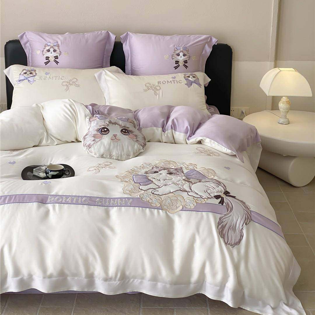 小可爱猫咪刺绣丝滑凉感亲肤透气床品夏季用莱赛尔天丝四件套家纺