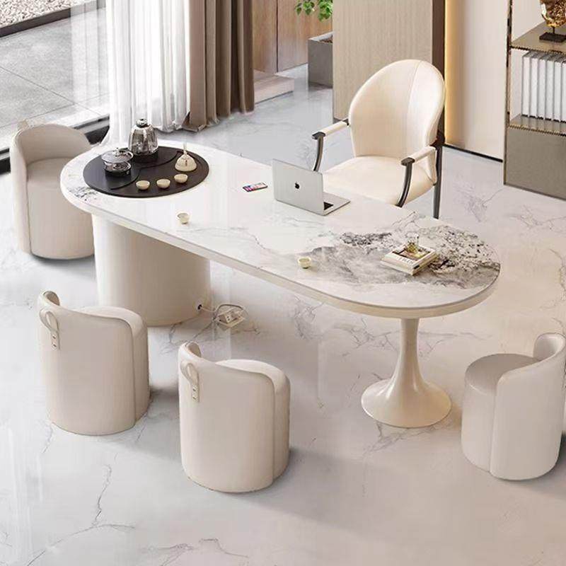 现代简约岩板茶桌办公桌两用奶油风办公室洽谈桌轻奢功夫泡茶台