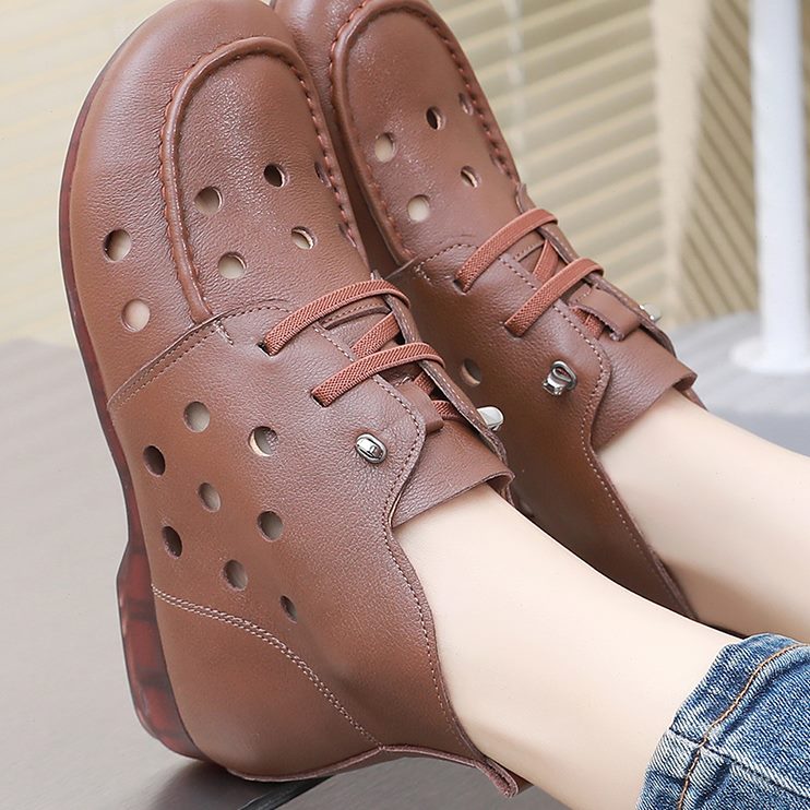 薄款洞洞软底休闲平底踝小短靴女春秋单靴镂空皮鞋靴妈妈夏季靴子