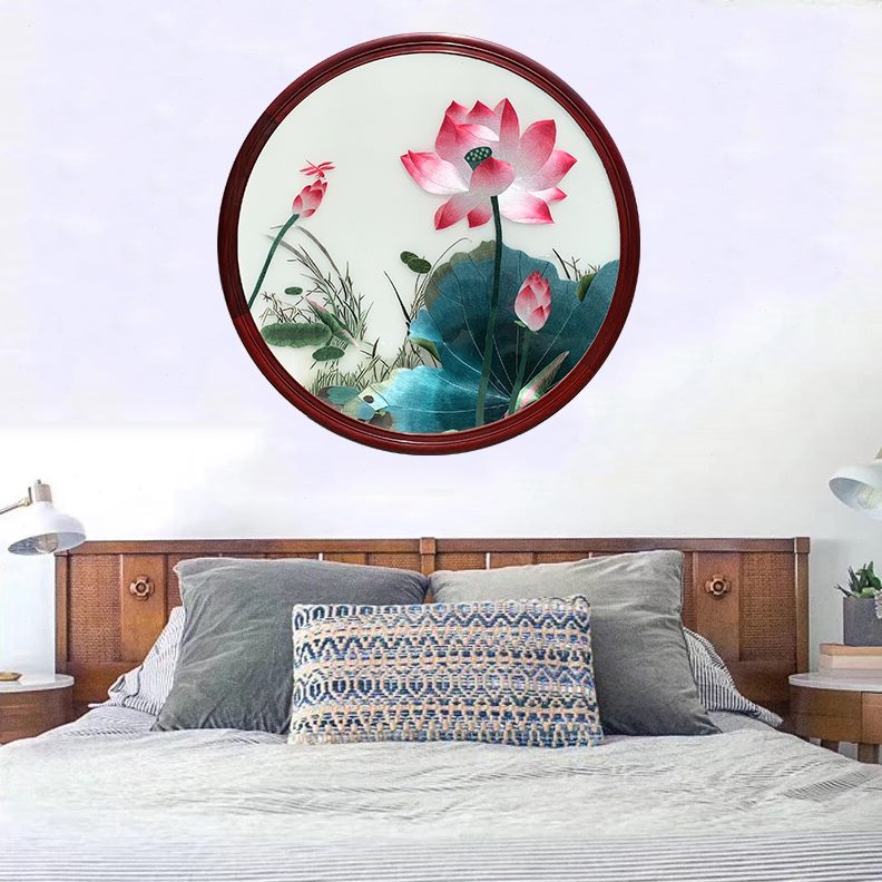 纯手工客厅装饰画挂画成品刺绣亲戚朋友卧室床荷花苏州头结婚礼品图片