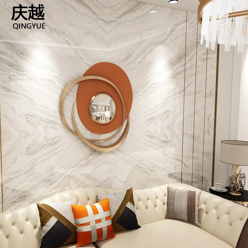 轻奢沙发墙面圆形装饰餐厅背景墙欧式装金属铁艺壁饰挂件几何镜