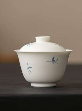 墨己 哑光白手绘秋水兰花陶瓷盖碗 两才文人泡茶公杯茶具家用茶碗