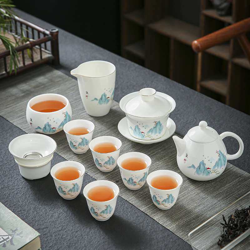 晟翔陶瓷茶具观山羊脂玉盖碗茶壶十一件套加主人杯家用,电子元器件市场,其它元器件,淘宝优惠券,粉丝福利购,淘宝优惠卷