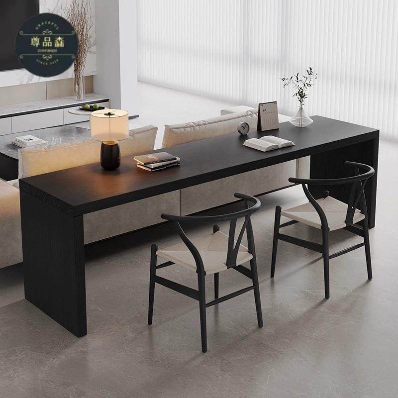 极简黑色实木书桌双人办公电脑桌客厅家用横厅沙发后长条桌大书桌