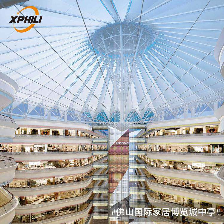 PVC、PTFE锥形屋顶张拉索膜结构中庭商场大型膜结构屋顶天庭