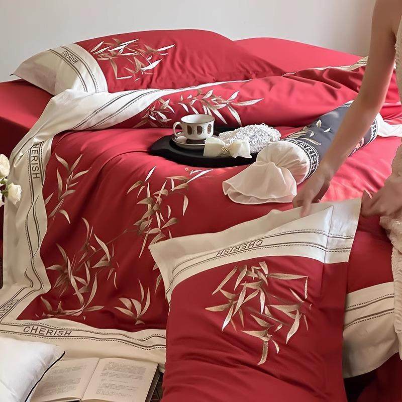 新中式红色婚庆100S长绒棉磨毛四件套国风竹叶刺绣被套全棉床上
