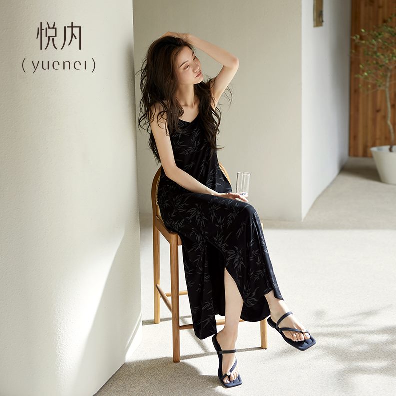 悦纯棉吊带背心长款开叉季内高级感带胸垫睡裙黑色夏款女士睡衣夏