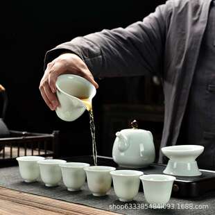 羊脂玉影青茶具套装陶瓷家用办公简约薄胎功夫盖碗茶壶茶杯商务礼
