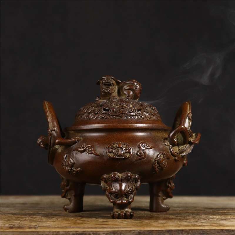 精品螭龙耳貔貅钮兽足薰炉铜器古玩 摆件 家居书房客厅摆设