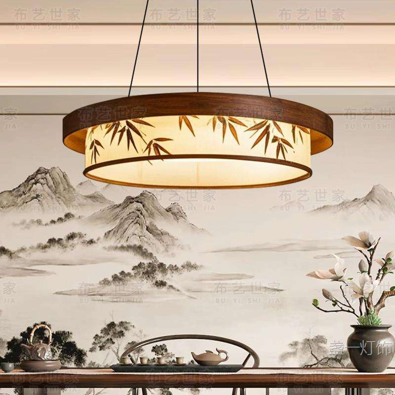 宋代美学圆形竹叶山水绘画客厅餐厅禅意茶室书房卧室民宿布艺吊灯
