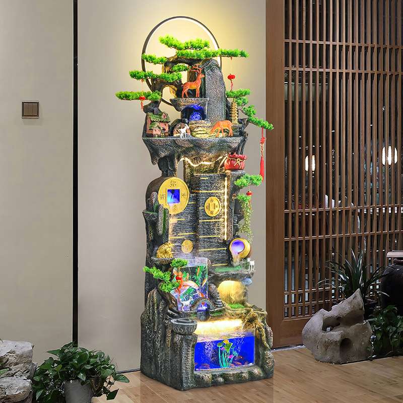 新中式招财鱼缸循环流水摆件客厅电视柜旁装饰落地阳台假山风水轮
