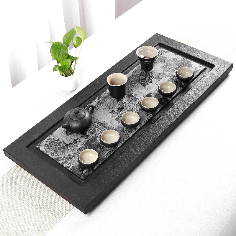 茶盘绿松石家用小型茶海干泡盘排水茶托盘轻奢乌金石现代办公室中