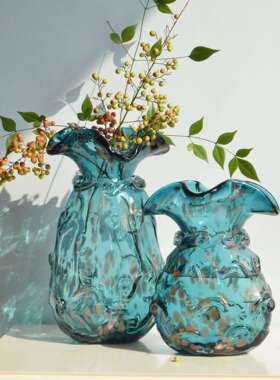 蓝色手工轻奢厚重花瓣口洒金图腾福袋异形琉璃花瓶餐桌插花摆件