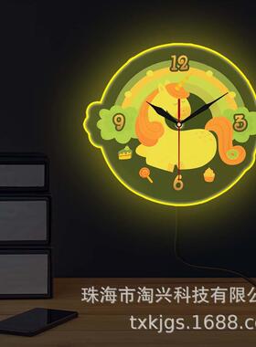 LED灯白色外框挂钟可爱独角兽图案时钟儿童房彩虹家居装饰墙钟