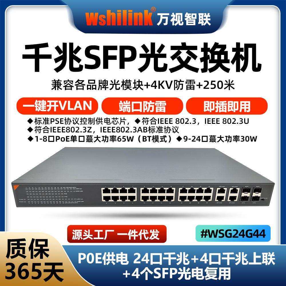 标准24口千兆POE交换机4电+4SFP光电复用POE交换机支持BT65W供电