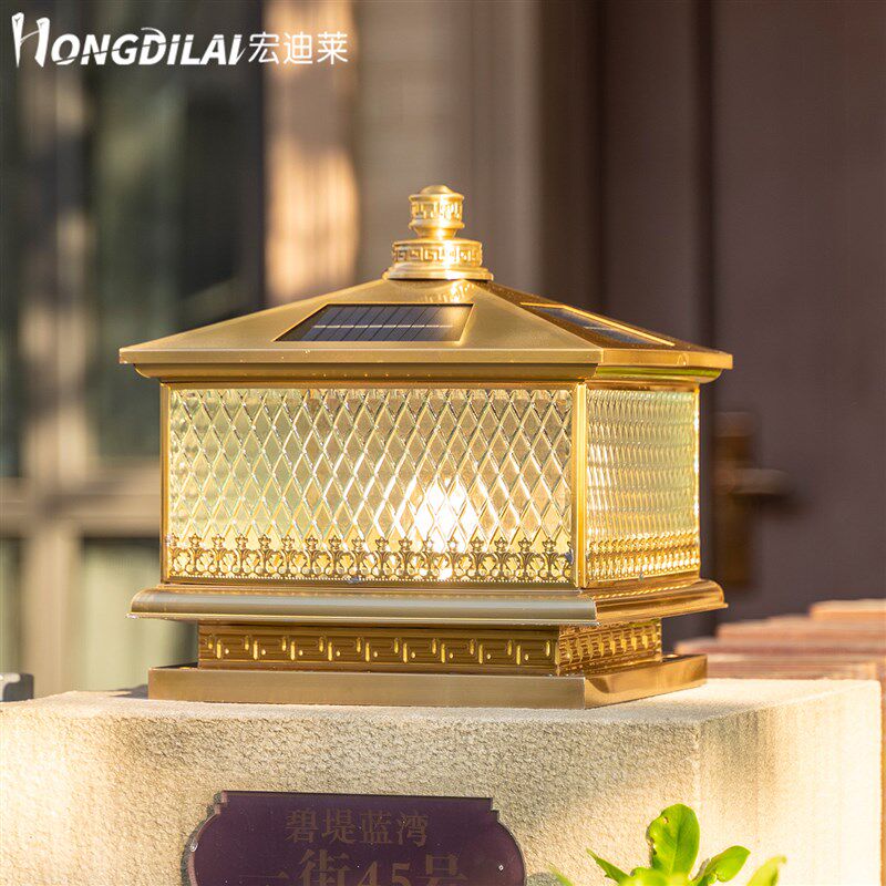 全铜太阳能柱f头灯户外防水门柱灯简约别墅花园围墙灯大门口庭院