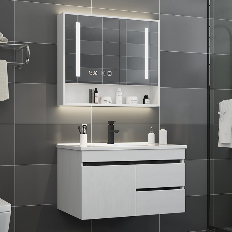 现代简约实木浴室柜组合轻奢洗脸洗手台盆卫生间洗V漱台镜柜挂墙