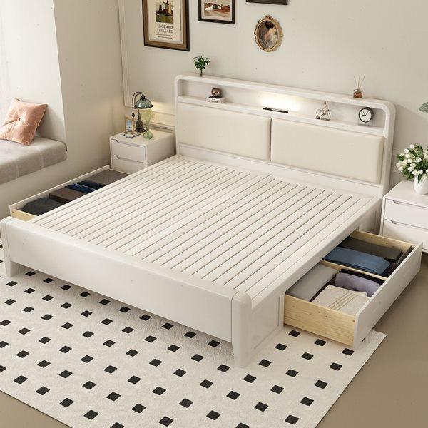 北欧白色实木床现代简约1.5米主卧1.8米双人床加厚床板储物高箱床,住宅家具,实木床,淘宝优惠券,粉丝福利购,淘宝优惠卷