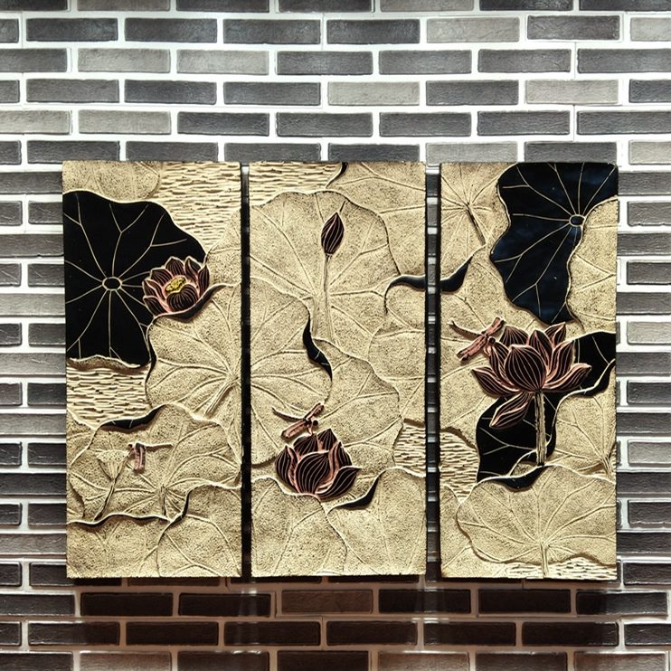 无框画挂件仿古荷庄荷花壁饰背景浮雕茶家居饰品影装饰画组合民宿图片