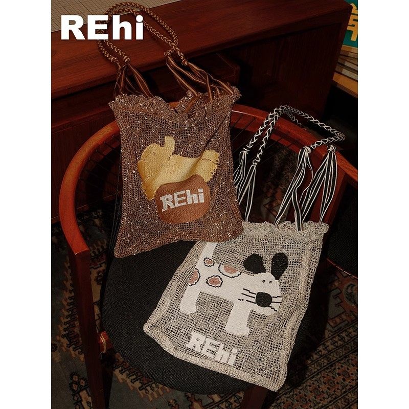 REhi 麻花兜兜袋 原创编绳小狗绣花编织大容量单肩包斜挎托特包,箱包皮具/热销女包/男包,通用款女包,淘宝优惠券,粉丝福利购,淘宝优惠卷