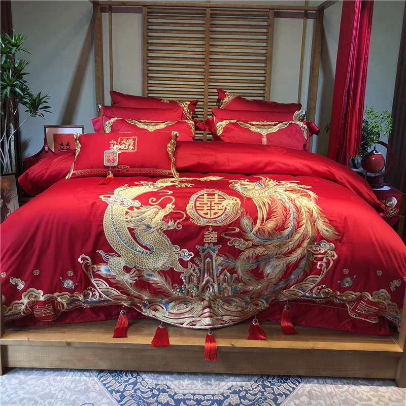 中国风婚庆四件套丨全棉100支贡缎提花刺绣多件套 结婚龙凤套件