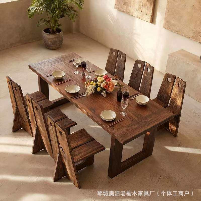 老榆木门板着做旧长方形餐桌实木工作台茶桌民宿酒店餐桌椅组合