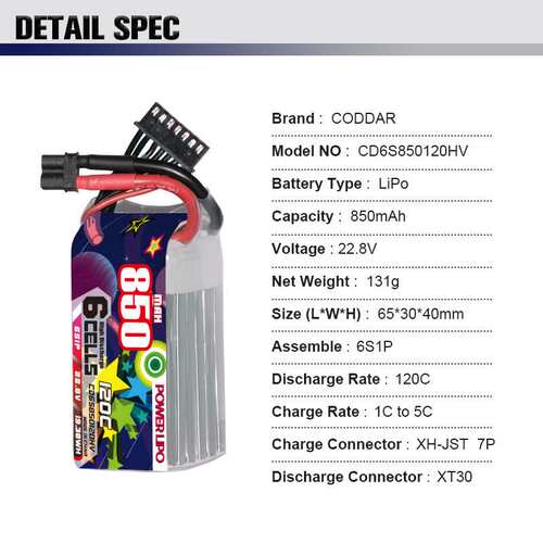 鹰氪CODDAR 850MAH 6S 22.8V 120C 轻量化FPV3寸 3.5寸圈圈机LIHV