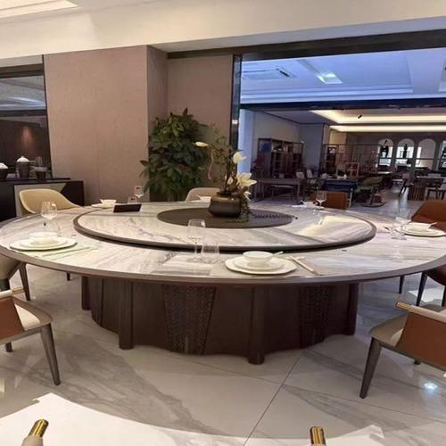 酒店电动餐桌大圆桌岩板转盘饭桌家用新中式12人15人20饭店餐厅椅