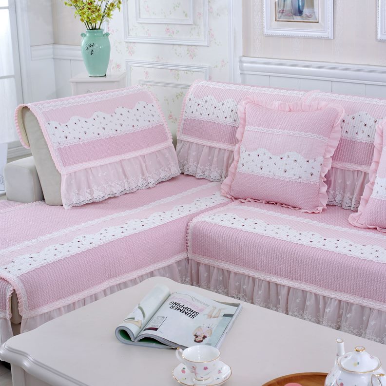 蓝色防滑四季布艺罩素涵坐垫套沙发垫棉布蕾丝花边韩式高档沙发巾