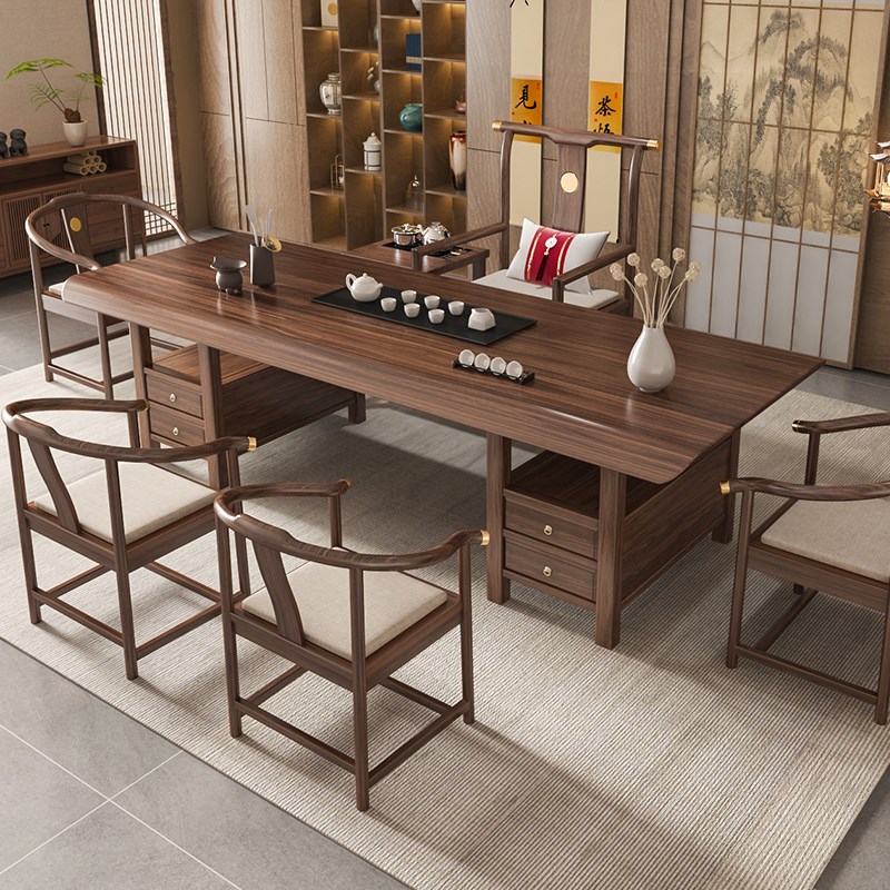 乌金木茶桌c椅组合一桌五椅客厅家用泡茶台茶桌办公室大板实木茶