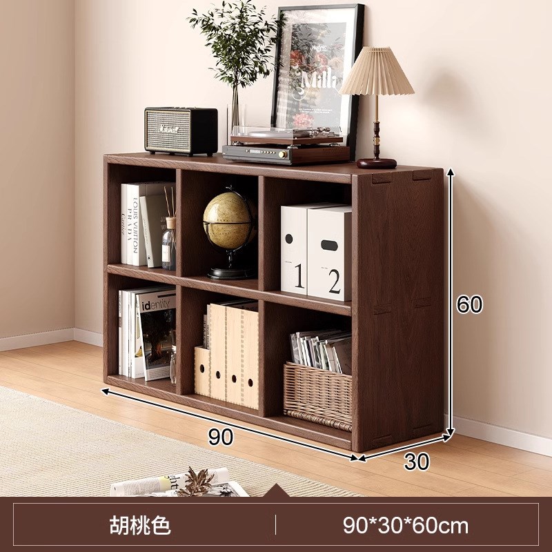 全实木书架落地置物架多格靠墙矮柜自F由组合胡桃色书柜客厅收纳