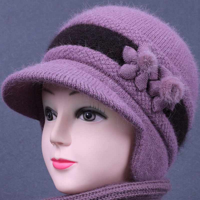 中老年人帽子女冬季妈妈护耳保暖兔毛线针织M帽老太太奶奶加绒棉