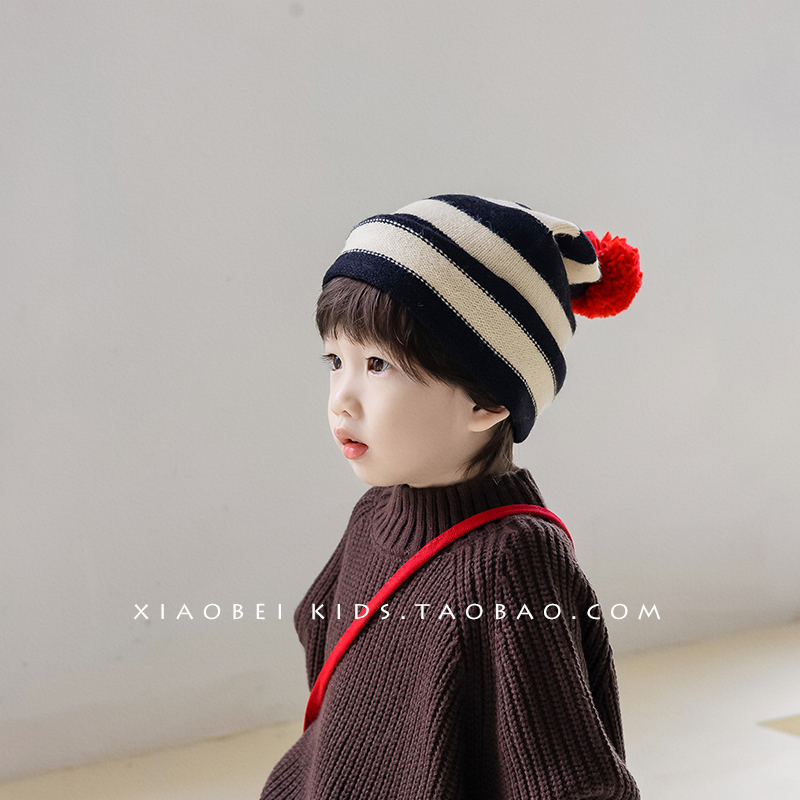 新款儿童帽子秋冬k季男童宝宝毛线帽围巾套装女童可爱条纹针织帽