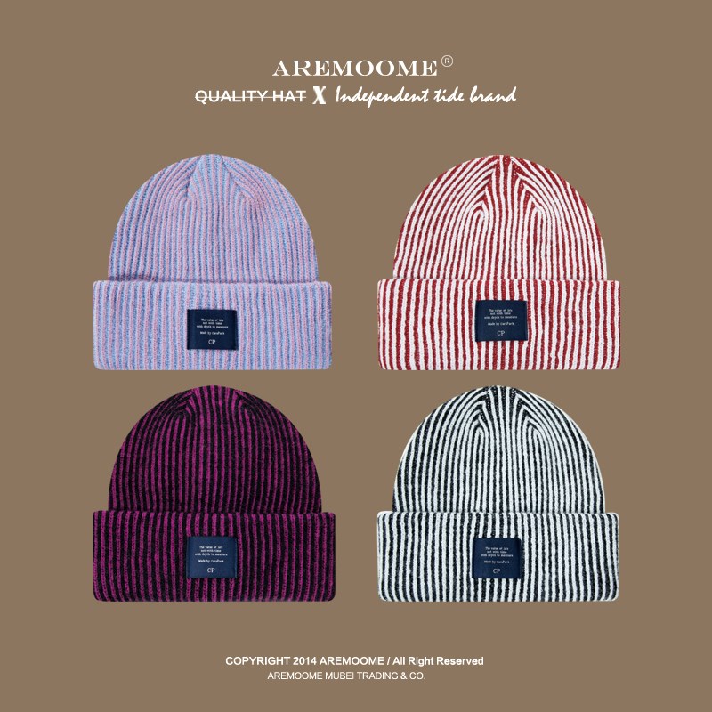 秋冬季新品毛线帽子女韩版百w搭保暖冷帽显脸小双层加厚条纹针织