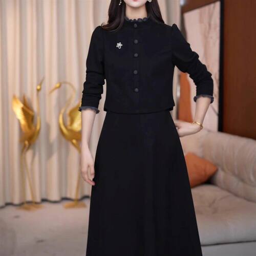 加厚假两件高端气质连衣裙2026春季新款修身显瘦减龄中长款裙子