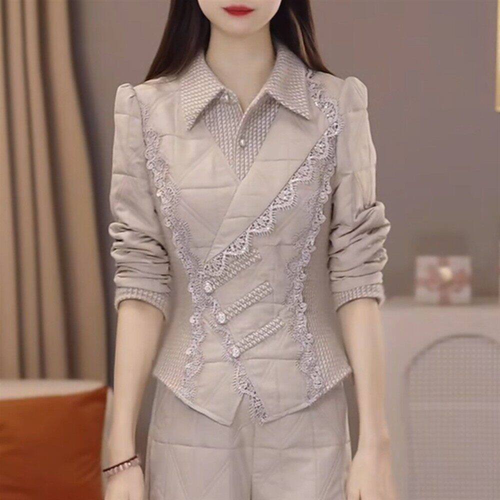 三防免洗科技布拼接雪花绒时尚套装2026秋季新款上衣裤子两件套女