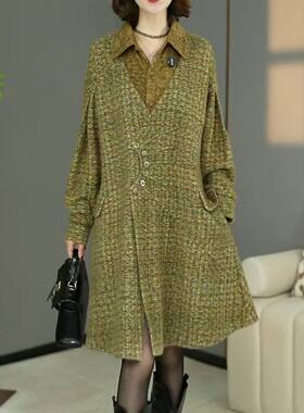 假俩件高端时尚欧版宽松连衣裙女2026秋季新款显瘦减龄中长款裙子