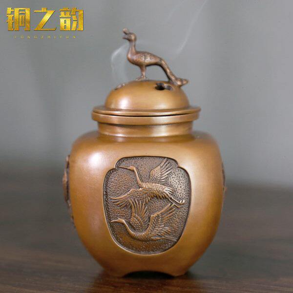 纯手工纯铜紫铜孔雀钮珍禽罐家用室内宣德小摆件创意供奉茶道装饰