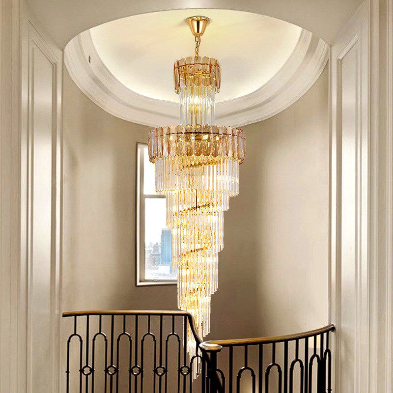 欧式别墅客厅水j晶灯酒店大堂大吊灯复式楼中楼中空旋转楼梯长吊
