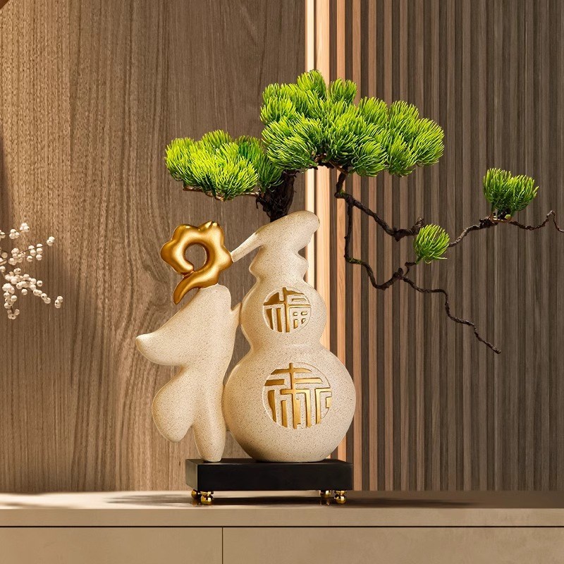 新中式禅意迎客松葫芦花瓶客厅电视柜创意办公室家居X装饰开业乔