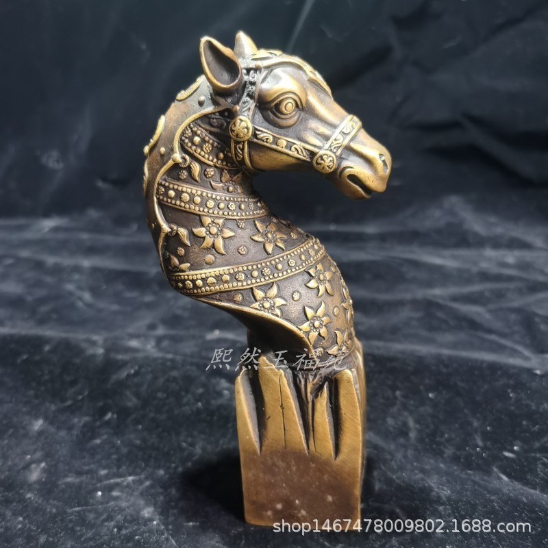 仿古纯铜马首摆件 m黄铜做旧创意生肖马头复古家居装饰工艺品摆件