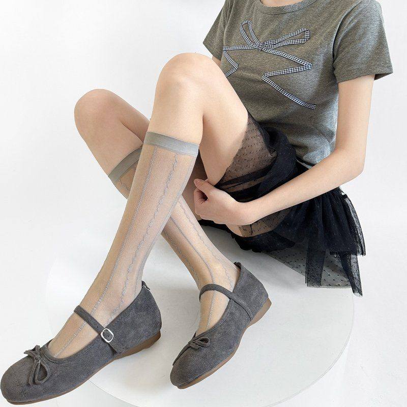 竖纹提花袜灰色纯欲风法式浅薄款小花丝袜小众蕾丝小腿高级感春夏,女士内衣/男士内衣/家居服,长筒袜,淘宝优惠券,粉丝福利购,淘宝优惠卷