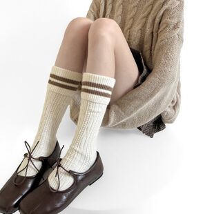学院风小腿百搭小众设计韩国条纹ins袜子袜双杠中筒堆堆翻边潮流