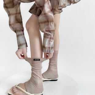 袜套薄款 腿脚踩中筒平板拼接透气 半截风短筒套miu布标袜芭蕾夏季